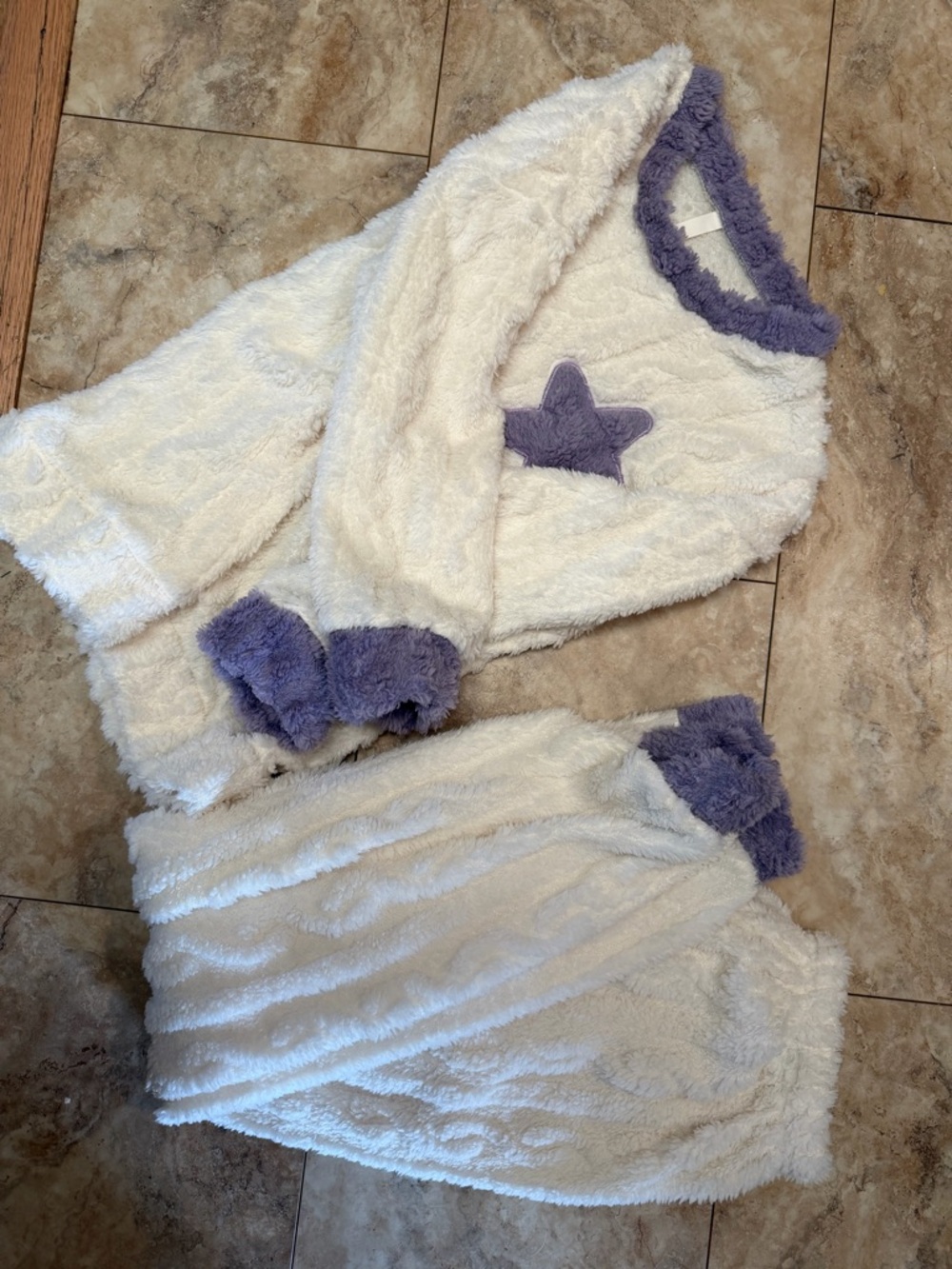 SHEIN White Plush Two-Piece Pajama Set with Purple Trim